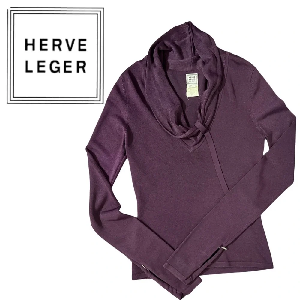 HERVE LEGER Vintage Long Sleeve Knit Top with Cowl Neck - Picture 1 of 10